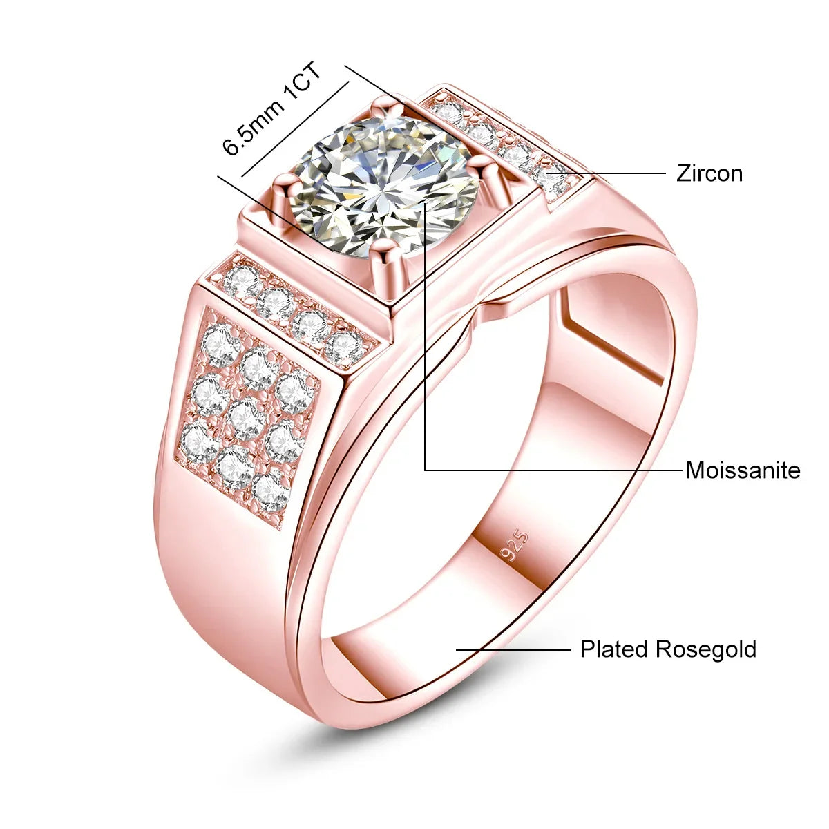 New In Round 6.5mm 1ct Moissanite Ring Men With Certificate Original Pass Diamond Test 925 Sterling Silver Wedding Jewelry Trend